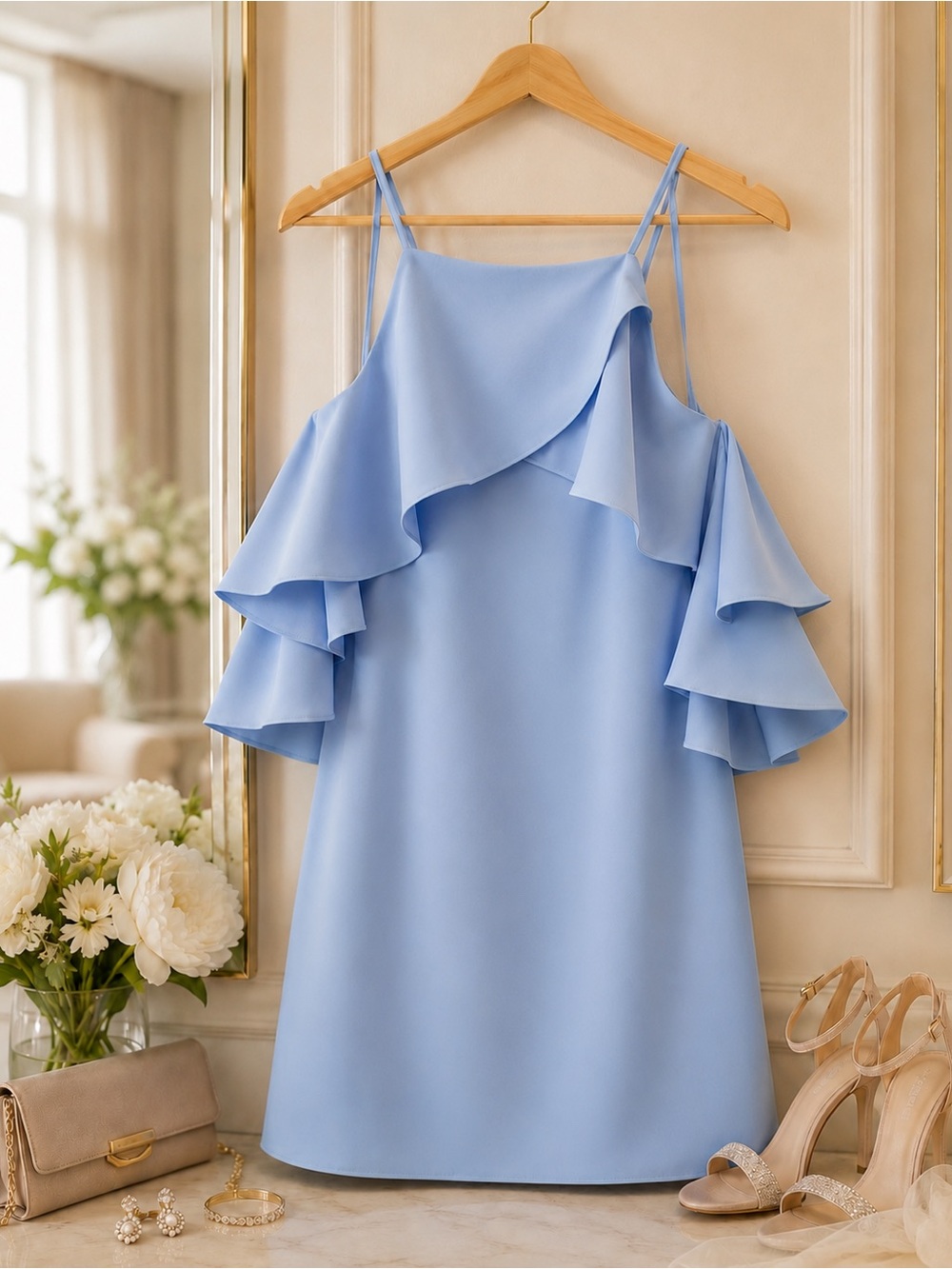 Endless Rose Blue Ruffle Cold Shoulder Cocktail Mini Dress S